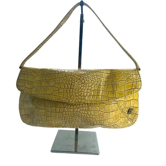 Helen Welsh Leather Shoulder Bag Purse Embossed Crocodile Reptile Print Yellow - Picture 1 of 8